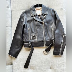 Women's Black Shay Cropped Distressed Leather Biker Jacket